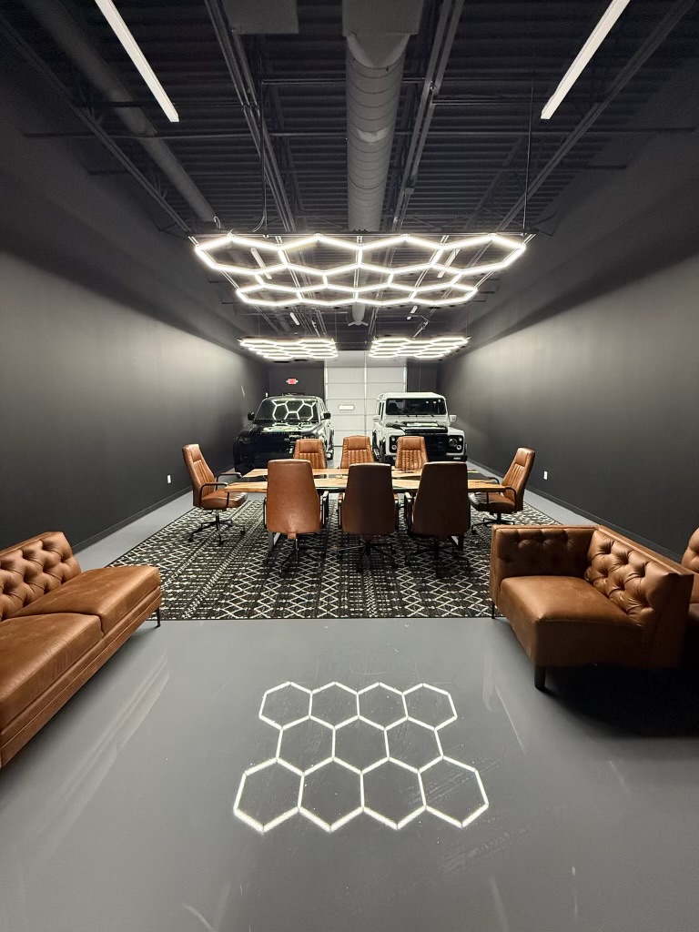 Luxury showroom with glossy gray epoxy floor